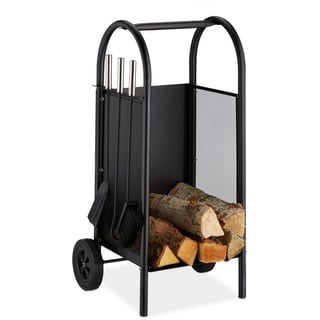 Relaxdays Kaminholzwagen mit Besteck, Brennholzkarre Stahl, Kaminbesteck 3-teilig, Schaufel, Besen & Schürhaken, schwarz, 81 x 42 x 37 cm