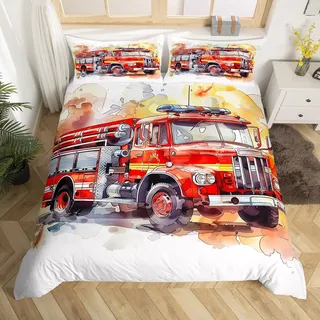 Homewish Feuerwehr Themen Bettwäsche-Set 135x200, Rotes Cooles Cartoon Feuerwehrauto Bettbezug Set für Jungen Kinder Jugendliche, 3D-Druck Zimmer Dekorativ Mikrofaser Mit 1 Kissenbezug 80x80