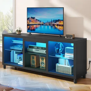 YITAHOME TV Schrank, Lowboard für 65 Zoll & kleinere TVs mit RGB LED-Beleuchtung, 148cm TV Board mit verstellbaren Glasböden, integriertes Kabelmanagement, Fernsehtisch für Wohnzimmer (Schwarz)