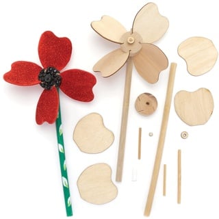 Baker Ross FE844 Bastelset Windrad mit Mohnblumen-Design, Windräder für den Garten, kreiere dein eigenes Windspiel aus Holz, Projekt für Kinder, Basteln, Dekorieren und Präsentieren, 4 Stück