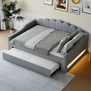Schlafsofa mit Bettfunktion, LED-Beleuchtung, Lattenrost und Gästebett, 140x200cm, Doppelbett, Polsterbett, Bettsofa, Leinen - Grau