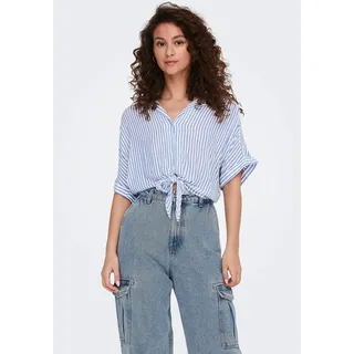 Kurzarmbluse ONLY "ONLPAULA LIFE S/S TIE SHIRT WVN NOOS", Damen, Gr. S, blau (cloud dancer stripes:blau stripes), Web, Obermaterial: 100% Viskose, gestreift, regular fit normal, V-Ausschnitt, Blusen Kurzarmbluse, Viskose, regular fit