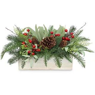 Hollyone Weihnachtsdeko Kunstpflanze Weihnachten Topfpflanze Künstliche Tannenzweige im Topf mit Beeren Tannenzapfen Eukalyptus Dekopflanze für Tischdeko Fensterbank Balkon Weihnachtsschmuck