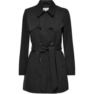 ONLY Damen Kurzer Trench Coat | Eleganter Basic Übergangs Mantel | Jacke Zweireihig mit Gürtel ONLVALERIE, Farben:Schwarz, Größe:XS