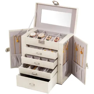 FEIYAN Schmuckkästchen für Damen, 5-lagig, Leder, Schmuck-Organizer mit Schubladen/Spiegel, weiße Schmuckschatulle, großes Schmuckkästchen für Halsketten, Ringe, Ohrringe, Uhren (weiß)