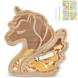 Spardose Kinder, Sparschwein Sparbüchse Holz für Kinder - Einhorn
