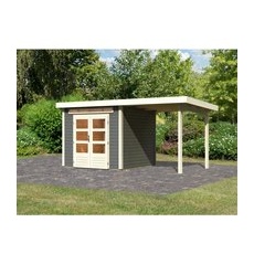 Karibu Gartenhaus Set Kumla 3 Terragrau mit Anbaudach 235 cm Breit 5,5 m2