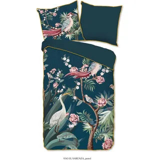 Descanso Bettwäsche mit einer biese und Blumen - 135x200 cm  - 100% Bio Baumwolle - Petrol