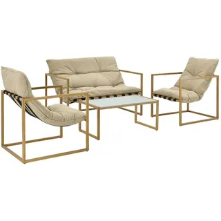 casa.pro Gartenmöbel Set 4-teilig mit Polsterkissen Sitzgarnitur aus Sitzbank Sessel Couchtisch Outdoor-Möbel mit Stahlgestell Sitzgruppe Holz/Khaki