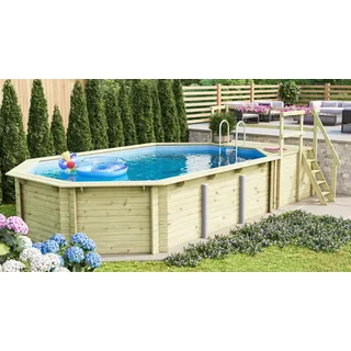 Karibu Achteckpool »PALMA Set C BxLxH: 358x569x124 cm, mit Sonnendeck und Eck-Terrasse« 38 mm starkes kesseldruckimprägniertes Fichtenholz
