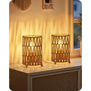 GOEBLESON Kleine Nachttischlampe 2er Set, Boho Tischlampe Rattan mit Kabel, mit LED-Birne 4W, 2400K, Tischleuchte Vintage, Lamperschirm aus Papier mit Netzstruktur ZH11TLDP205N2