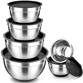 TEAMFAR Rührschüssel 6er Set, Edelstahl Salatschüssel mit Deckel, Schwarz