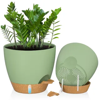 ZMTECH 30 cm Große Blumentöpfe mit Untersetzer, Selbstbewässernde Kunststoff Übertöpfe, Pflanzkübel mit Wasserstand für Innen/Außen (2er-Set, Grün)
