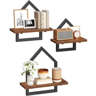 HOOBRO Wandregale, 3er-Set (groß, mittel, klein), Schweberegale, Wandboards mit fünfeckigem Metallrahmen, DIY-Kombination für Wohnzimmer, Schlafzimmer, Bad, Küche, Vintagebraun und Schwarz EBF12BJP301