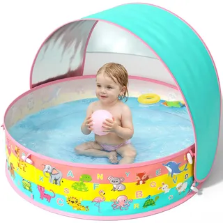 Baby Planschbecken mit Dach, Pop-Up Strandmuschel Baby UV Schutz 50+ mit Aufbewahrungstasche, 4 in 1 Portabler Baby Pool mit Sonnenschutz, Sommer Must-Haves für Strand, Urlaub, Camping und Picknick