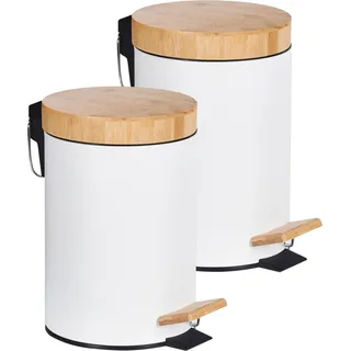 BELIANI Tretmülleimer 2er Set Weiß aus Bambus Eisen Kunststoff mit Fußpedal und Deckel 3 l Abfalleimer für Badezimmer - Weiß, Braun