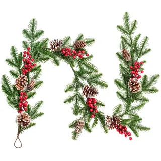 DearHouse Künstliche Weihnachtsgirlande Wimpelkette mit rotem Beerenzweig, Tannenzapfen, Wintergirlande für Ferienzeit, Kaminsims, Kamin oder Tischläufer, 1,5 m