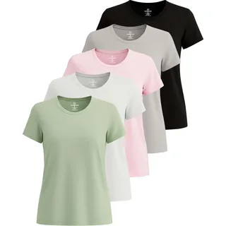 Real Essentials 5er-Pack: Kurzärmeliges Damen-T-Shirt, Workout-Top, Fitness, Pilates, Fitnessstudio, Sportbekleidung (Plus erhältlich), Set 9, X-Groß