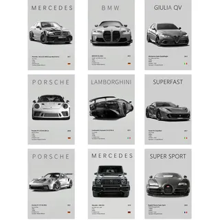 9 Stück Super Auto Poster, Supercar Posters, Schwarz Weiß Supersportwagen Wandbilder für Jungen und Männer, Rennwagen Leinwandbilder für Wohnzimmer, Wohnzimmer, Geschenk für Autoliebhaber, Jugendliche