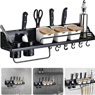 Küchen-Gewürzregal - Wandregal - 80 cm - 10 Haken - Messerhalter - Schwarz - Schwarz