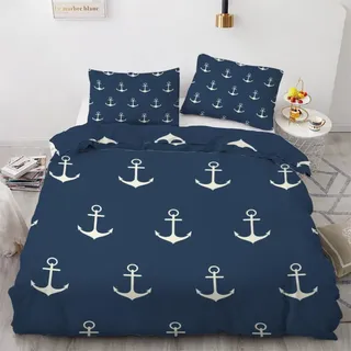 ROUSKI Bettwäsche Anker 135x200 cm 2teilig 100% Mikrofaser Kinderbettwäsche Ozean Maritim Wendebettwäsche mit Reißverschluss 3D Motiv Zimmer Dekor Bettwäsche-Sets mit Kissenbezüge 80x80