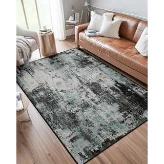 DEFYNEE Abstraktes Teppich Wohnzimmer 120x180 cm, rutschfest, Kurzflor aus Kunstwolle, waschbar, minimalistisch, Bettvorleger für Wohnzimmer, Schlafzimmer & Büro, Schwarzblau