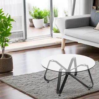 FurnitureR Couchtische, minimalistischer runder Tisch aus Hartglas mit glatten abgerundeten Kanten, Metall, für Haus, Wohnzimmer, Terrasse, Garten, 80 x 80 x 40 cm