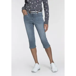 Caprijeans KANGAROOS "CAPRI-JEANS mit Gürtel", Damen, Gr. 32, N-Gr, blau (ligth blau u), Denim/Jeans, Obermaterial: 70% Baumwolle, 26% Polyester, 3% Viskose, 1% Elasthan, Abriebeffekte, Basic, skinny fit 3/4-Länge, Jeans Caprijeans, Skinny Fit, mit Schlitz, normale Leibhöhe, Topseller