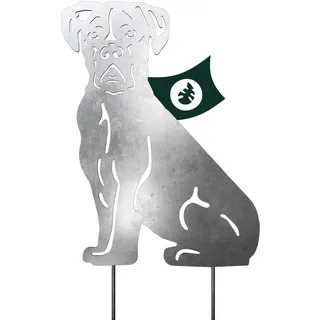 VERDOBA Boxer Gartendeko - Boxer Hund Gartenstecker in Silber - Metall Deko für Garten - Deko Hundefiguren aus Eisen in Antikfinish - silberner Blumenstecker für den Garten, Balkon & Terrasse