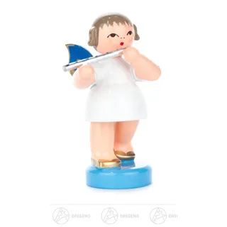 Engel mit Querflöte stehend, blaue Flüge h=ca 5,5 cm Erzgebirge Weihnachtsfigur