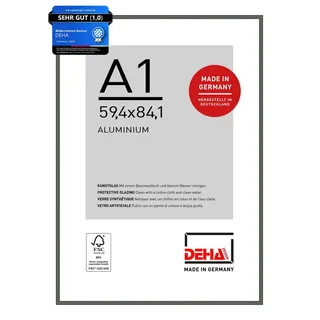 DEHA Design Aluminium Bilderrahmen Boston, 59,4 x 84,1 cm (A1), Grau | Aluminium Posterrahmen im Hoch- & Querformat zum Aufhängen Grau glänzend bruchsicheres Kunstglas