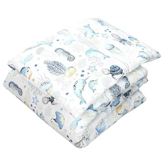 TupTam Kinder Gemusterte Bettdecken Set Ganzjahresdecke Bettdecke Kopfkissen Flachkissen 2tlg., Farbe: Meerestiere Blau, Größe: 135x100 cm