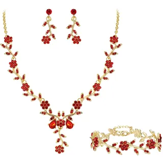 Clearine Damen Hochzeit Schmuck Set für Party Prom Blatt Cluster Blume Kristall Anhänger Halskette baumeln Ohrringe und Armband für Rubin Rot Gold Ton