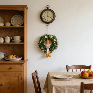 Dekokranz mit Gartenzwerg | Türkranz, Wanddeko mit Blumen und Efeu | Fenster- und Balkonschmuck | Dauerhafte Kunstpflanzen Deko für Wohnzimmer, Flur, Küche, Garten | Geschenkidee für Haus und Wohnung