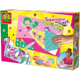 SES Creative -Squeegee Kunst-Paket zum Übermalen, leicht waschbar, Geschenkidee - 3 Holzformen mit Einhorn- und Schmetterlingsmotiv, 5+