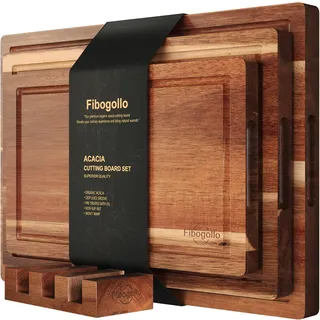 Fibogollo Schneidebrett Set Akazienholz 3-teilig mit Saftrille & Ständer | Akazienholz Schneidebrett Set, 3 Größen (40x30, 35x25, 30x20), Saftrille, Ständer, für Fleisch, Obst & Brot, Geschenk