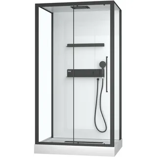 Dusche Komplett MARWELL Design Komplettdusche Fertigdusche White Isle 115 x 90 x 217 cm - Komplett Set inkl. Duschwanne und Armatur - reversibel aufbaubar - hochwertiges Aluminiumprofil System - Schwarz