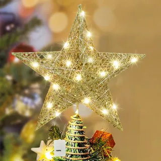 Weihnachtsbaumspitze Stern, Weihnachtsbaum Topper Stern mit LED Licht, Gold Christbaumspitze Sterns Led Baumschmuck Glitzernd für Weihnachtsbaum Heimdekoration Fest Partydekoration