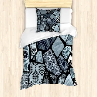 ABAKUHAUS Blumen Mantele, Moderne Geometrische Formen, Milbensicher Allergiker geeignet mit Kissenbezügen, 135 cm x 200 cm - 80 x 80 cm, Blaugrau Schwarz Weiß - Blau