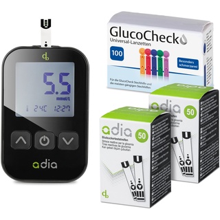 diabetikerbedarf adia Blutzuckermessgerät (mmol/L) Set + 110 Blutzuckerteststreifen Lanzetten 1 St