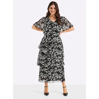 Abendkleid SHEEGO "Abendkleid", Damen, Gr. 56, Normalgrößen, schwarz, weiß, gemustert, Georgette, 100% Polyester, geblümt, gemustert, lang, V-Ausschnitt, Kleider Abendkleid