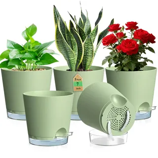 WSMKSZ 17.6 cm Selbstbewässerungstopf, 5er Set Kunststoff Blumentöpfe mit Abflusslöchern & Transparentem Wasserreservoir, Sichtbarer Wasserstand, Pflanztopf mit Baumwolldocht für Innen Außen, Grün