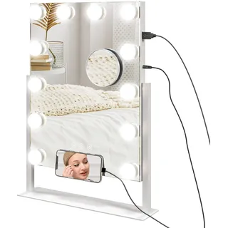 Homcom Hollywood Spiegel mit Beleuchtung 30 x 40 cm 360°Drehbarer Kosmetikspiegel mit 12 LED Licht, 3 Lichtmodi, Handyhalterung, USB-Ladeanschluss, Touchschalter, Schminkspiegel 10X Vergrößerung