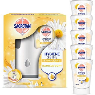 Sagrotan Set mit Sagrotan No-Touch Automatischer Seifenspender inkl. Nachfüller Lotusblüte und Kamillenöl (5 x 250 ml)