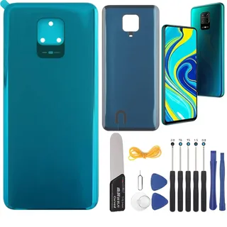 YHX-OU 6.67'' Grün Akkudeckel für Xiaomi Redmi Note 9S Redmi Note 9 PRO Rückseite Glas Backcover Back Glas Ersatz Reparatur Rückseite Set mit Kameraobjektiv + Werkzeug