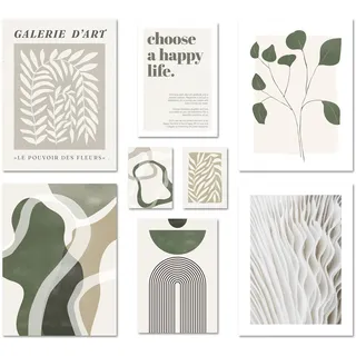 ARTFAVES® Poster Set - GREEN MID CENTURY - mehrteilige Wanddeko Wohnzimmer & Schlafzimmer - 8 moderne Wandbilder Abstrakte Formen, grün, beige - ohne Bilderrahmen