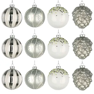 12 Stück/80 mm Glaskugeln, Weihnachtsbaumkugeln, hängende Ornamente, Verschiedene Designs, Weihnachtsbaumschmuck, Silber, Weiß