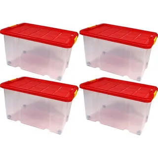 BigDean 4 Stück große Eurobox mit Deckel und Rollen Aufbewahrungsbox 60 X 40 X 32,5 cm - Transparent, Rot