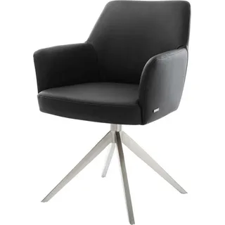 DeLife Drehstuhl Xana-Flex mit Armlehnen Echt-Leder Schwarz Kreuzgestell breit Edelstahl 360° drehbar Wippfunktion Taschenfederkern, Esszimmerstühle