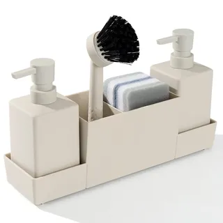 Küchenseifenspender mit Schwammhalter Set für Spülbecken-Caddy, Handseife und Spülseifenspender mit Bürste, Mattbeige